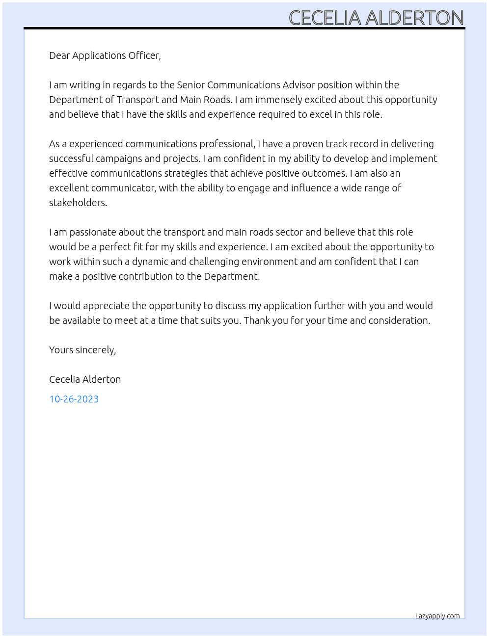 Senior Communications Adviosr At Department of Transport and Main Roads Cover Letter