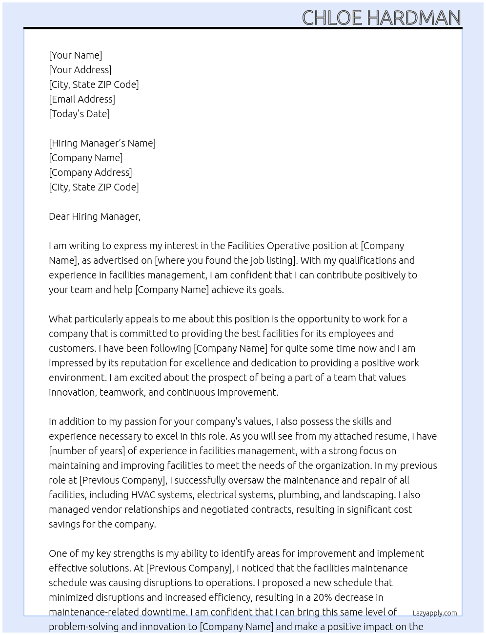 Facilities operative At Chloe Hardman Cover Letter