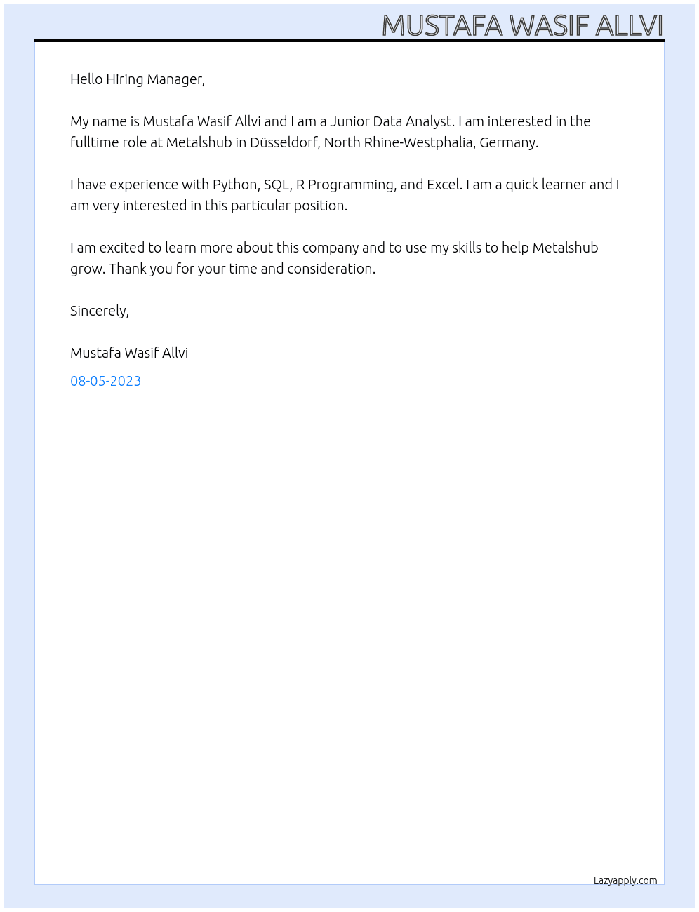 Junior Data Anaylst At Metalshub Cover Letter