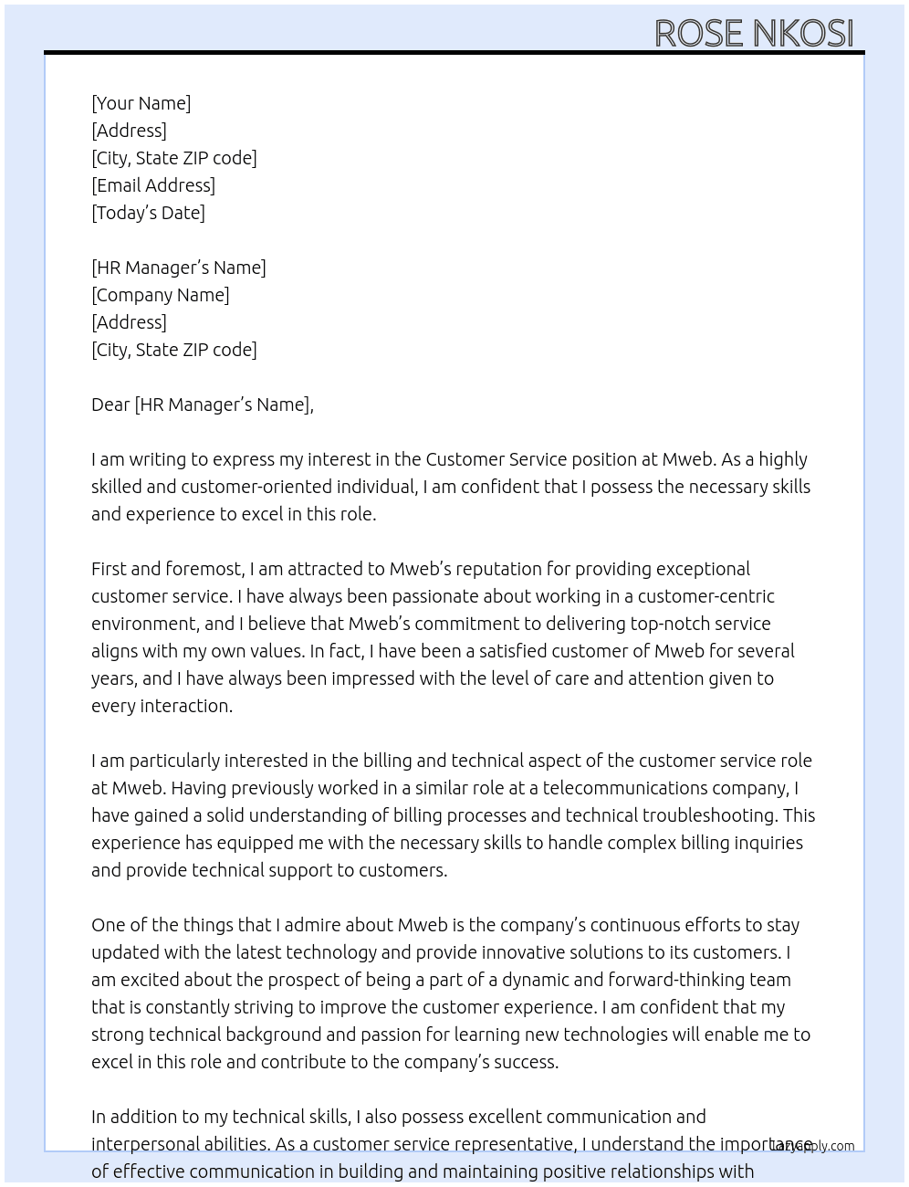 Customer service (billing and technical  At Mweb Cover Letter
