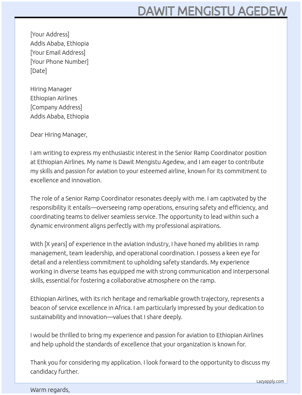 SR. RAMP COORDINATORE At ETHIOPIAN AIRLINES Cover Letter