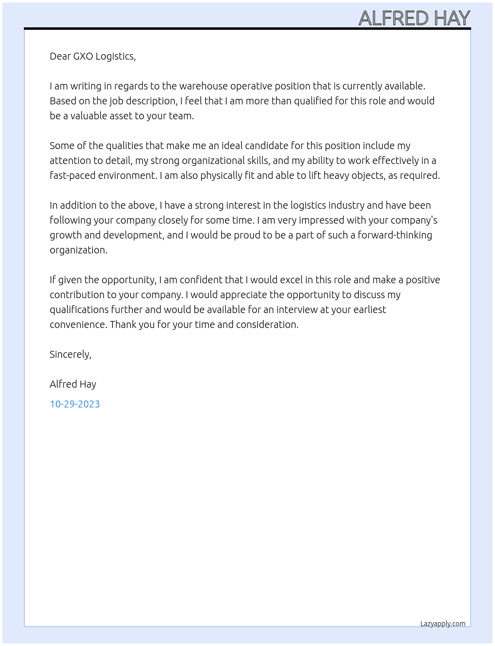 Warehouse operative At GXO Logistics  Cover Letter
