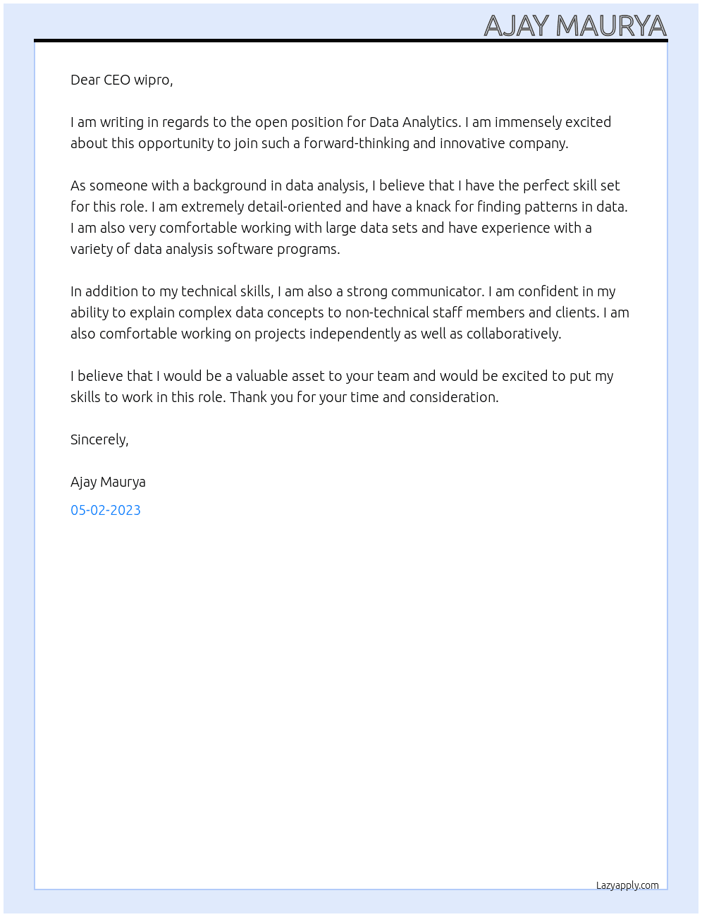 Data Analytics At wipro Cover Letter