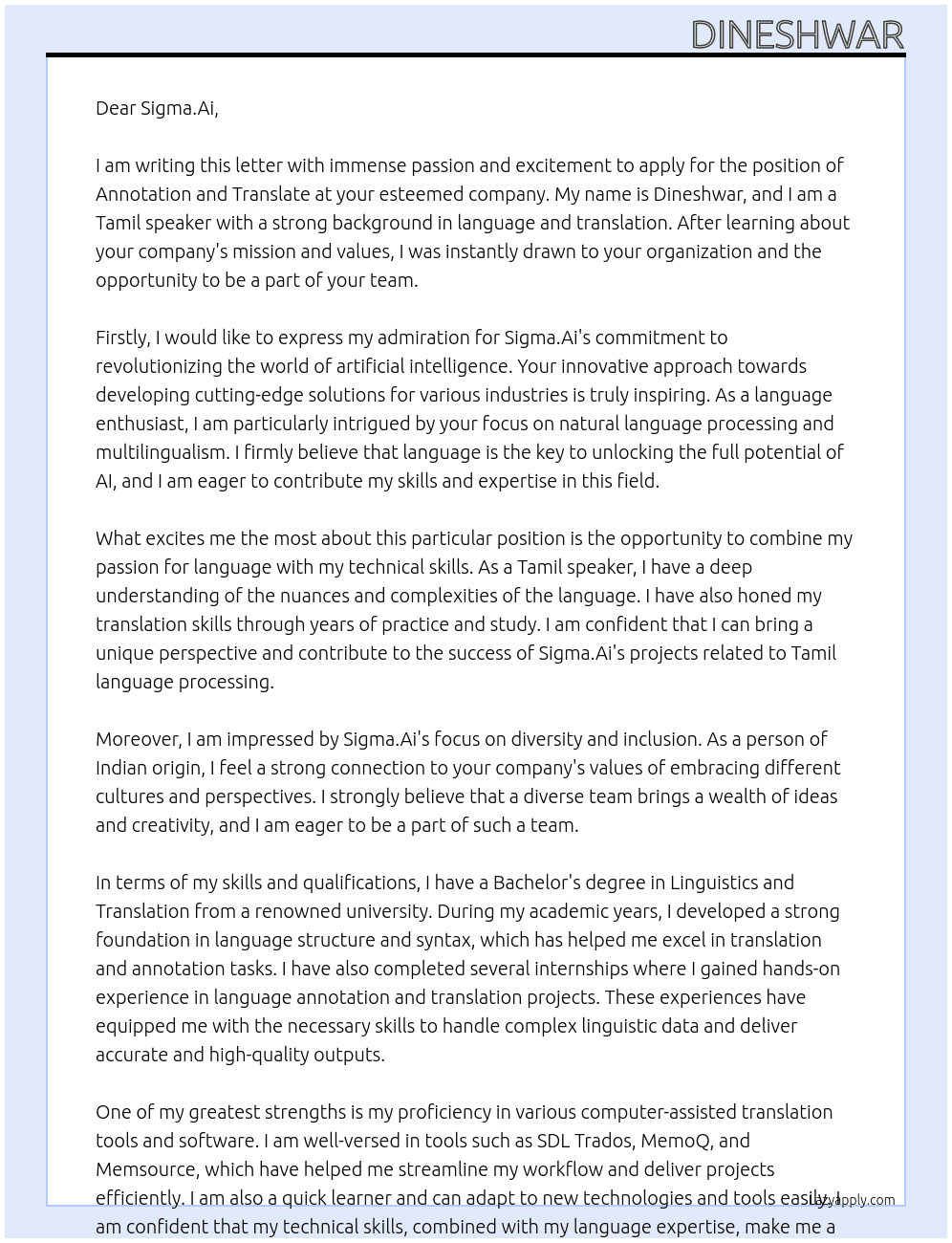 Annotation and translate  At Sigma.Ai Cover Letter