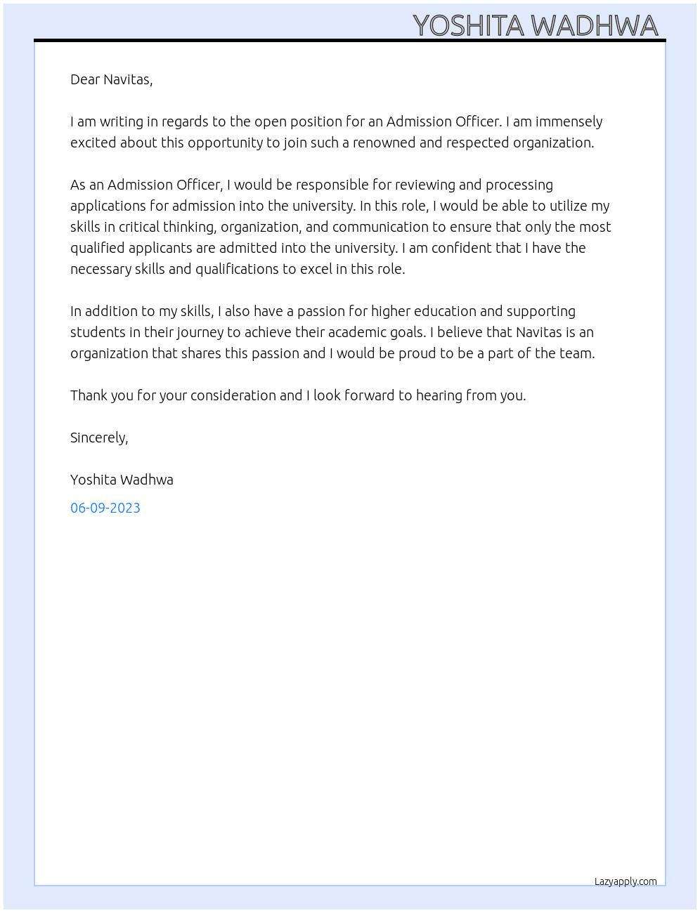 Admission Officer At Navitas Cover Letter
