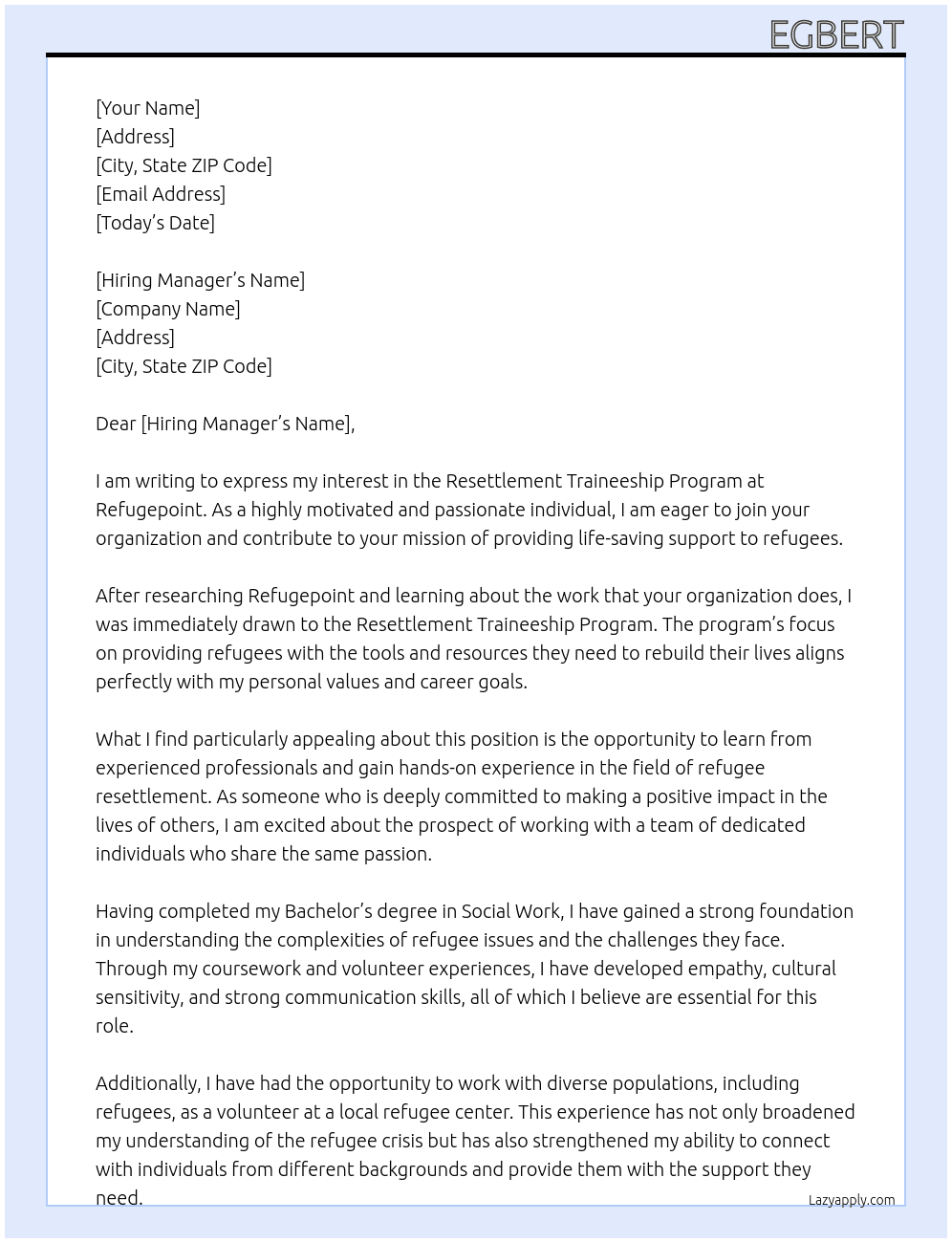 Resettlement Traineeship Program At Refugepoint Cover Letter