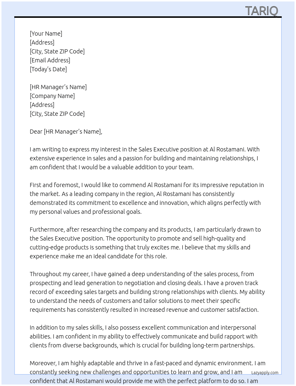 sales executive  At Al rostamani  Cover Letter