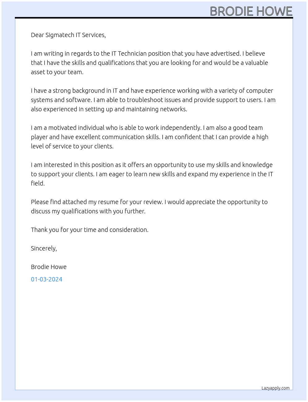 IT Technician At Sigmatech IT Services Cover Letter