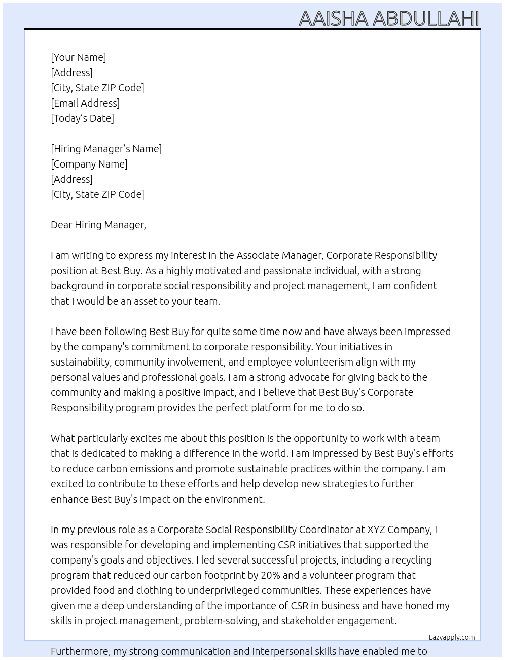 Associate Manager, Corporate Responsibility At Best Buy Cover Letter