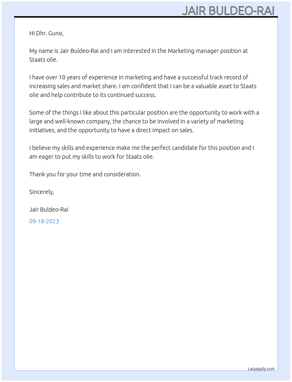 Marketing manager At Staats olie Cover Letter