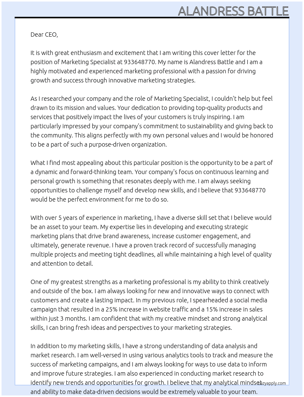 Marketing specialist At 933648770 Cover Letter