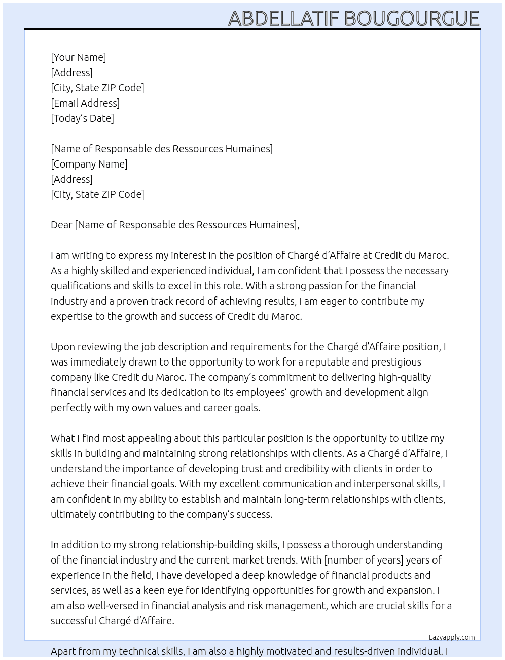chargé d affaire  At credit du Maroc  Cover Letter