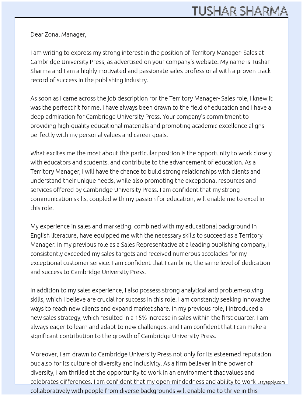 Territory Manager - Sales At Cambridge University Press Cover Letter