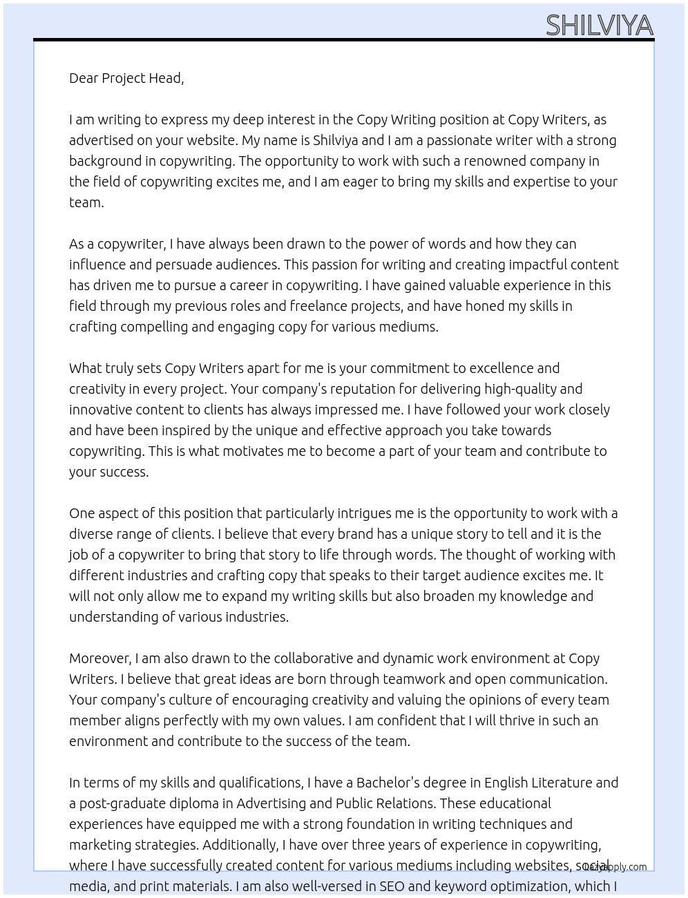 copy writing At copy writers Cover Letter
