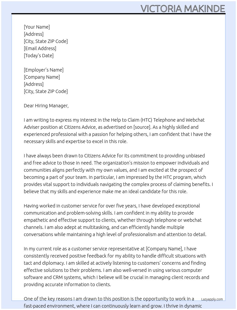 Help to Claim (HTC) Telephone and Webchat Advisers At Citizens Advice Cover Letter