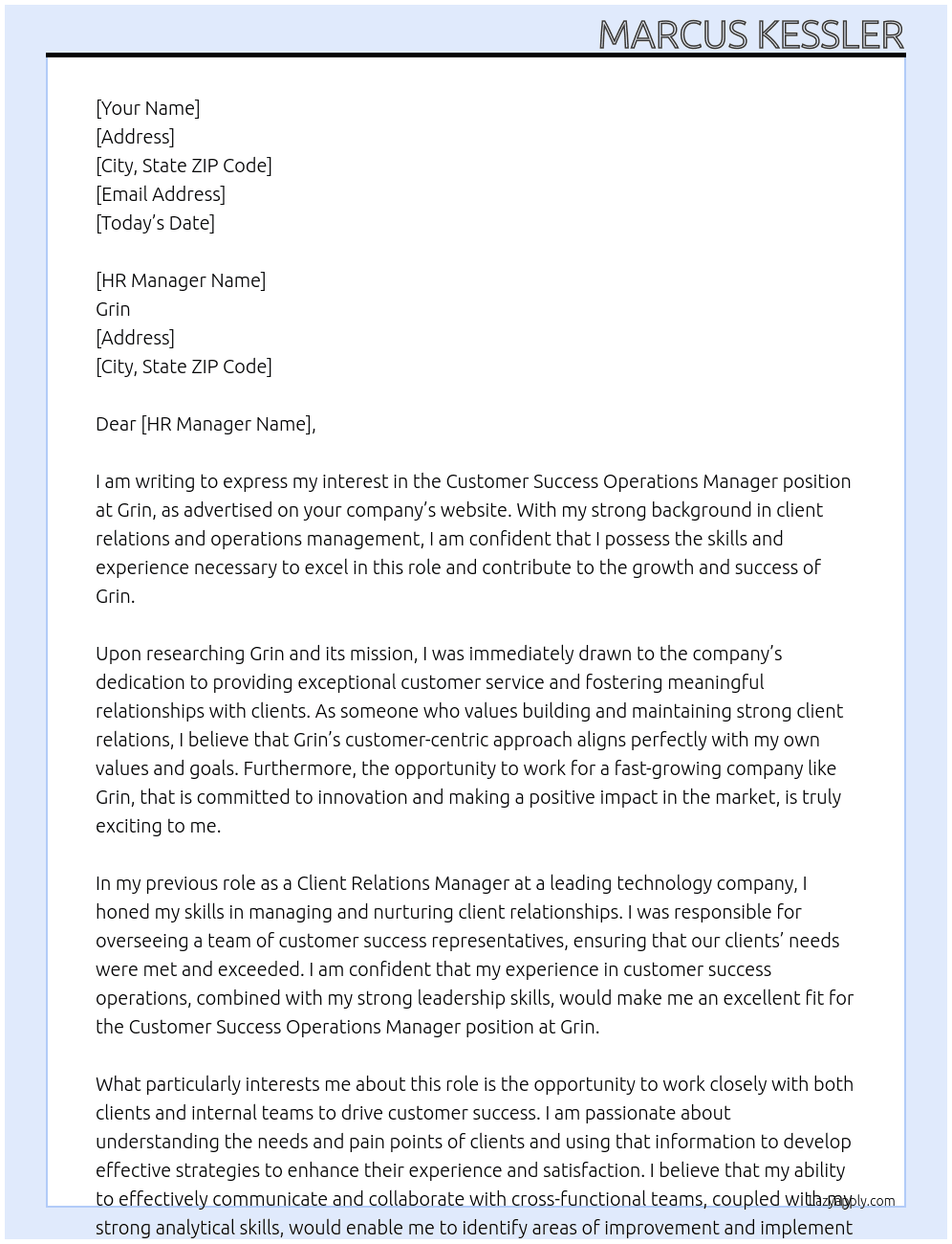 Customer Success Operations Manager At Grin Cover Letter