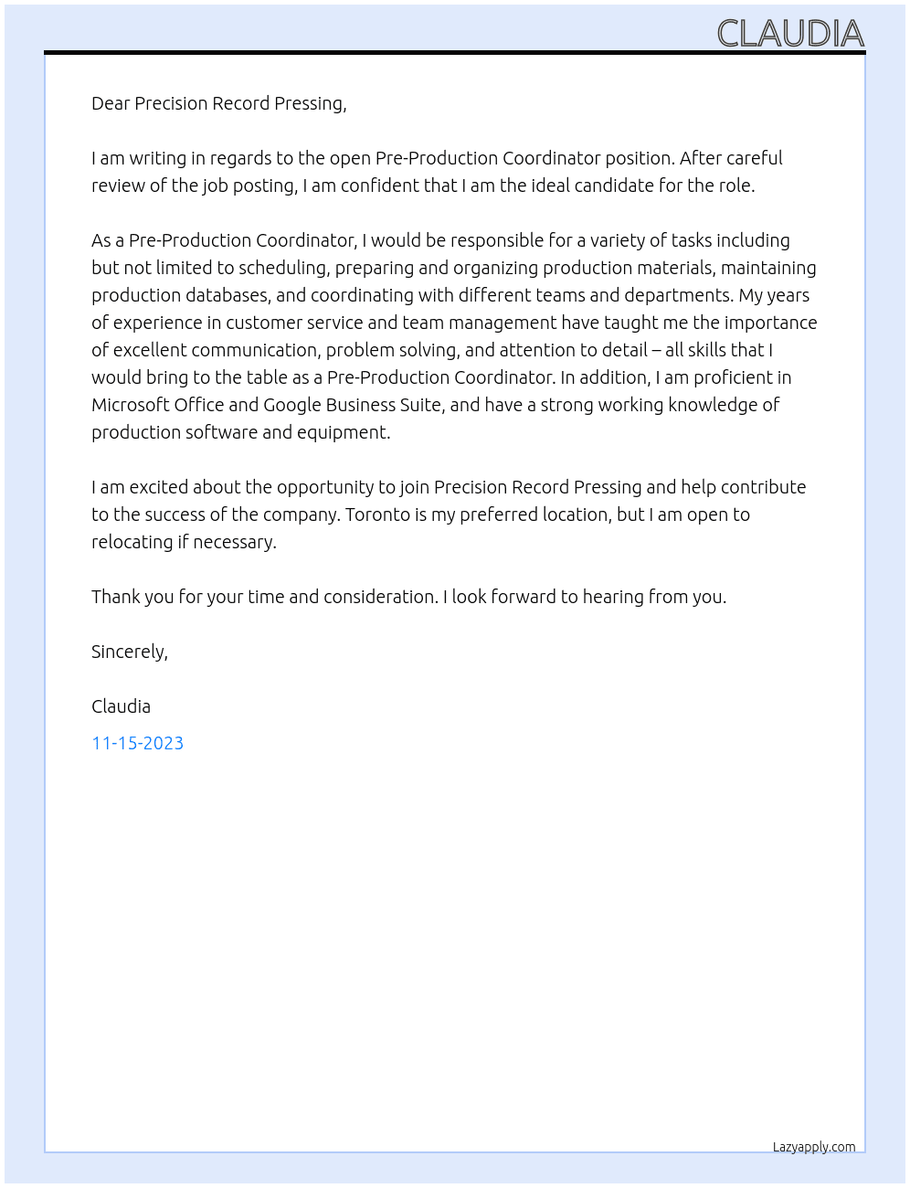 Pre-Production Coordinator At Precision Record Pressing Cover Letter