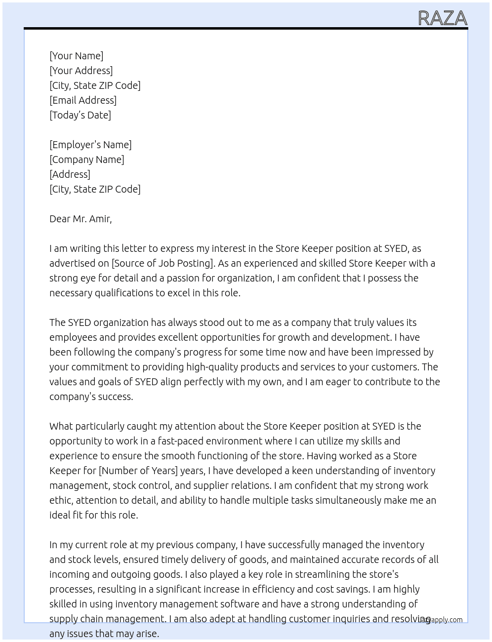 STORE KEEPER At SYED  Cover Letter