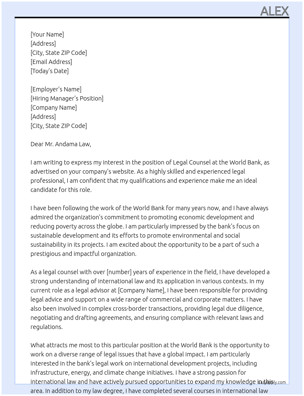 legal counsel At World Bank Cover Letter