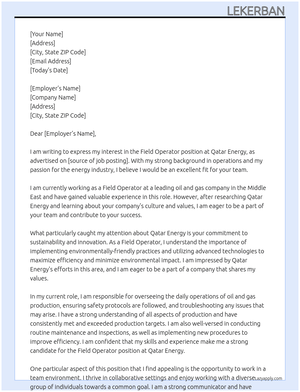 Field Operator At Qatar Energy Cover Letter