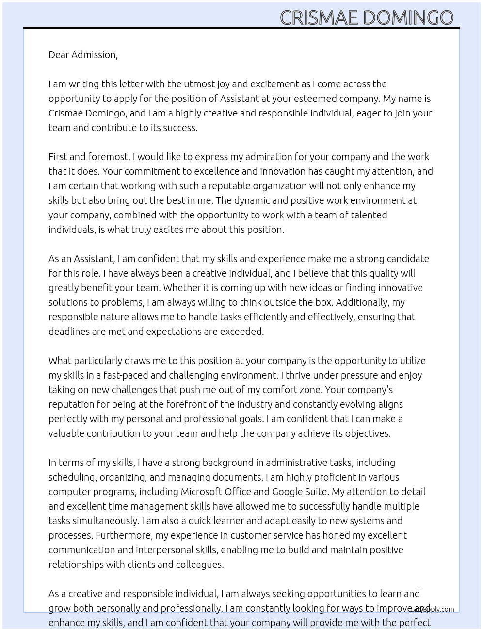 Assistant  At Assistant  Cover Letter