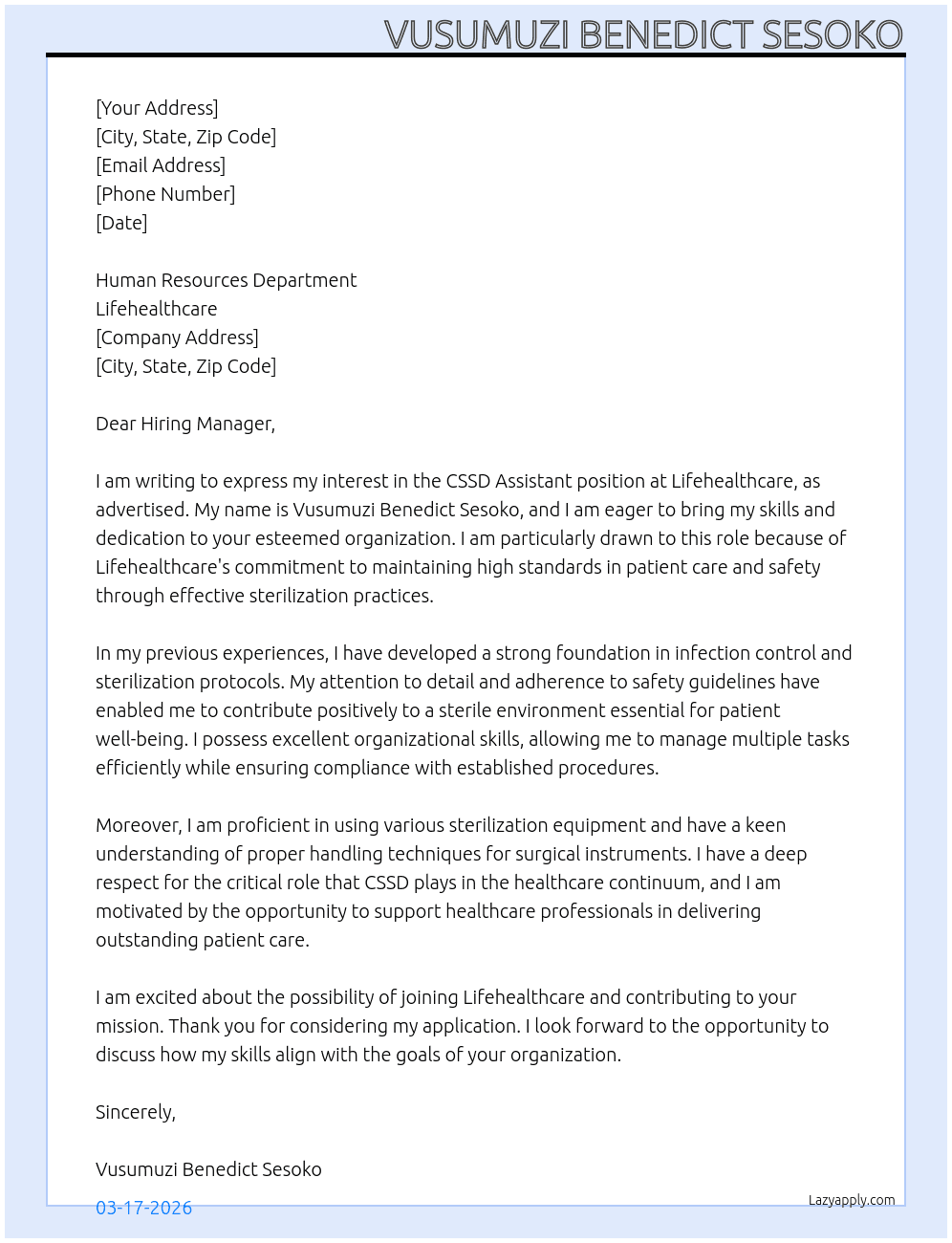 Cssd assistant  At Lifehealthcare  Cover Letter