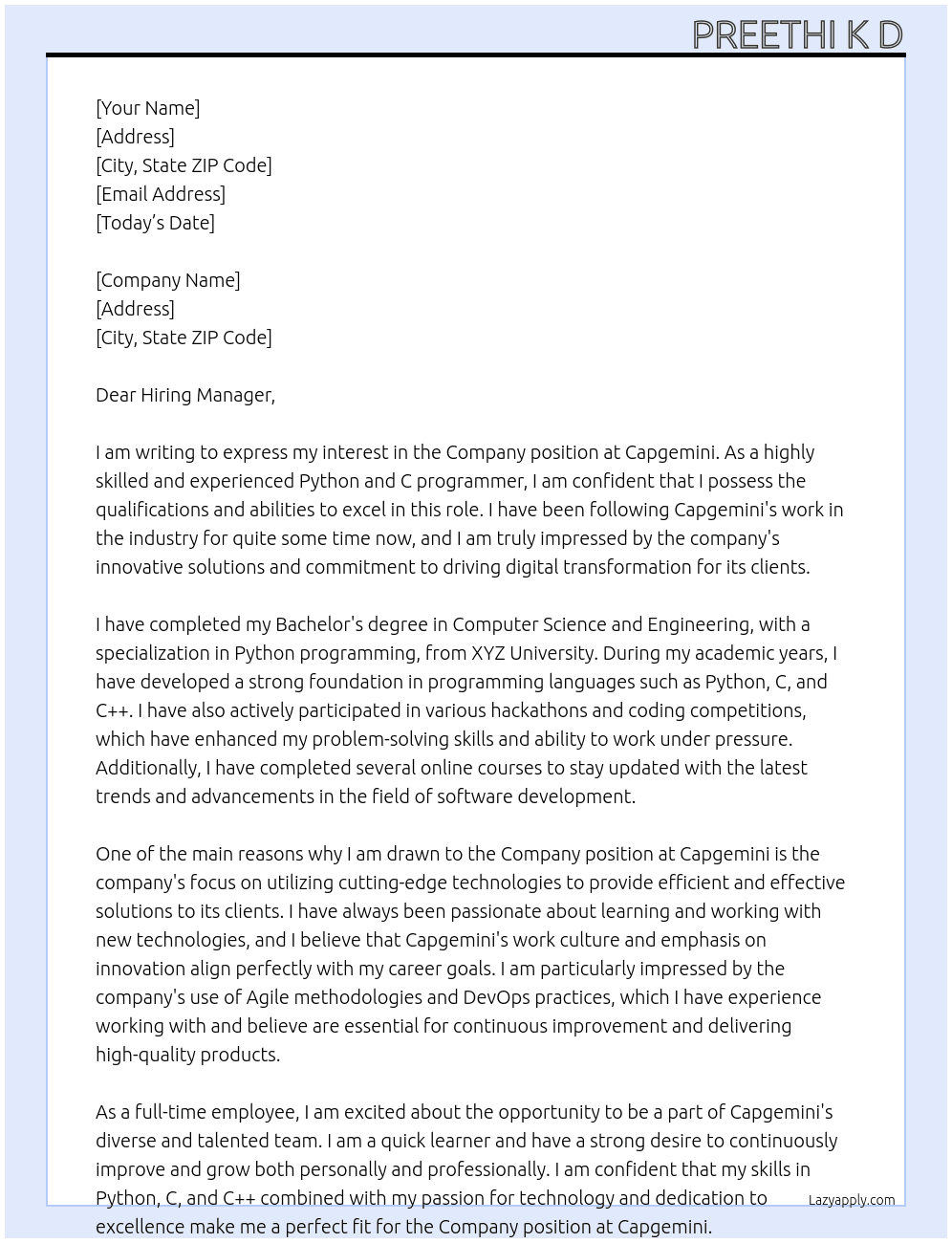 Company At Capgemini Cover Letter