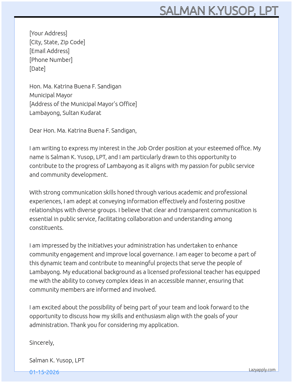 Job order At MUNICIPAL MAYOR Cover Letter