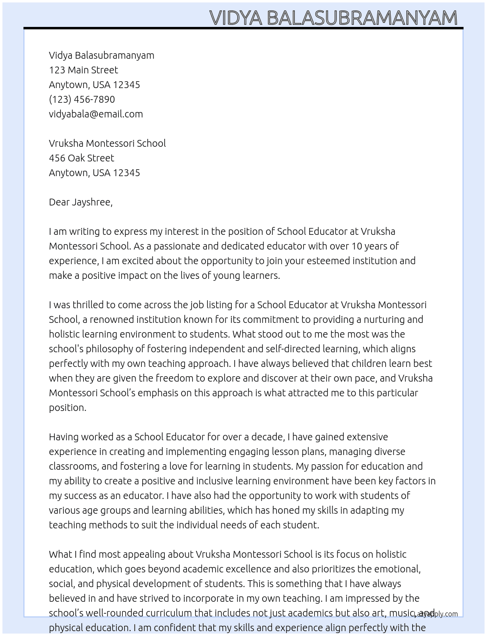 School educator  At Vruksha Montessori school  Cover Letter