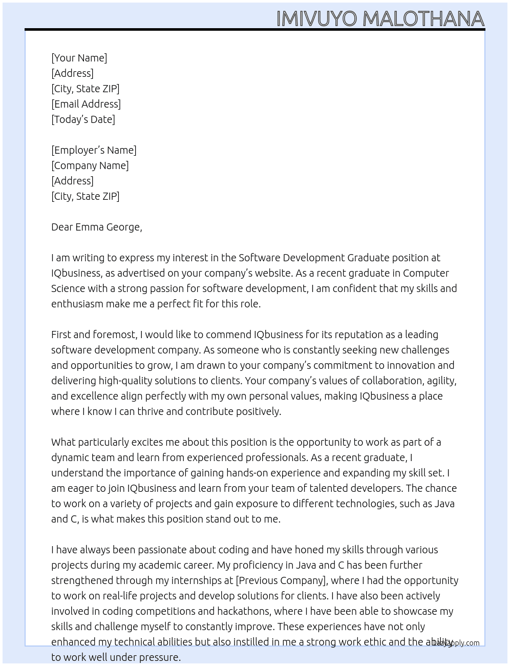 Software Development Graduate At IQbusiness Cover Letter