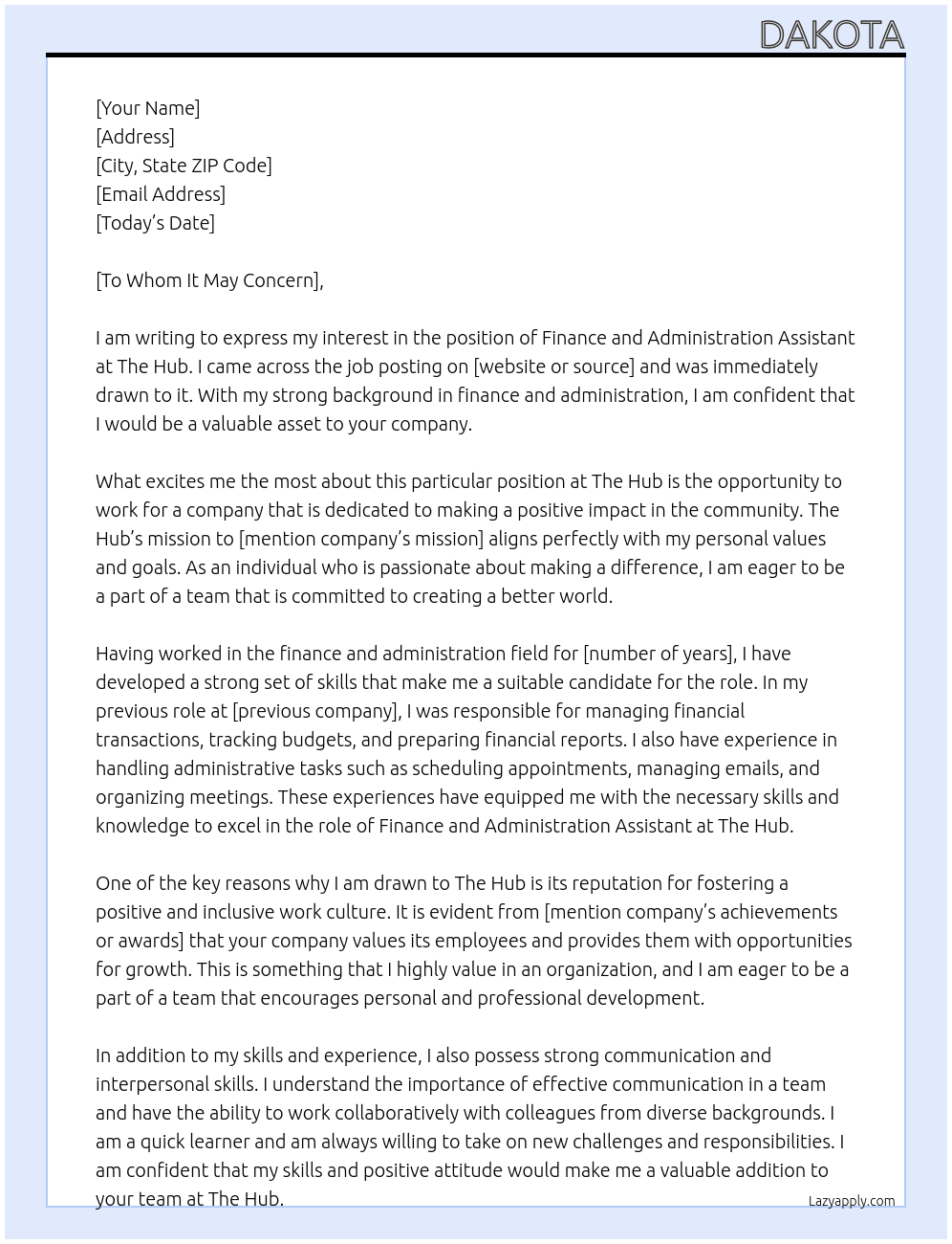 finance and administration assistant At The Hub Cover Letter