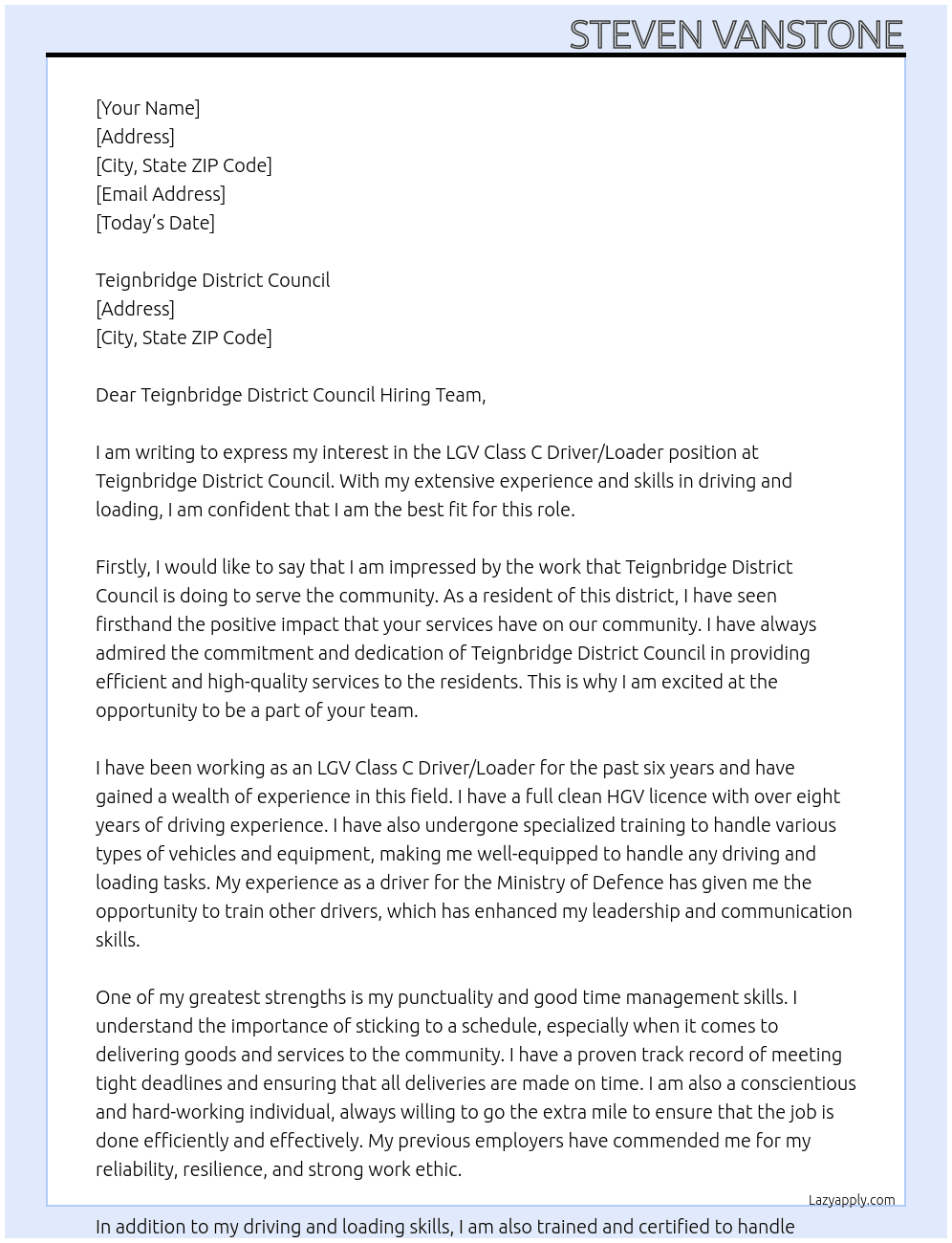 LGV Class C Driver/Loader At Teignbridge District Council Cover Letter