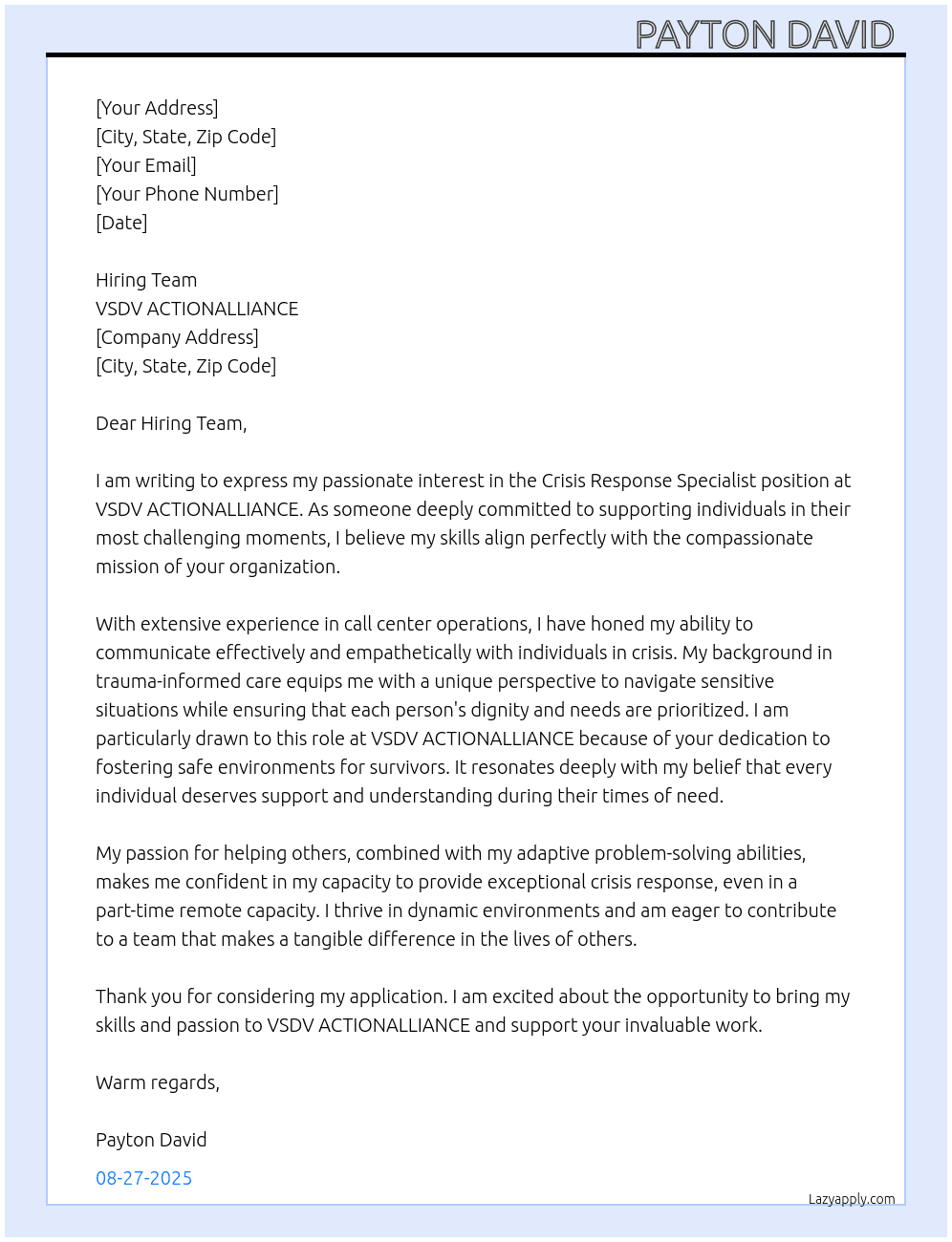 Crisis response specialist  At VSDV ACTIONALLIANCE  Cover Letter
