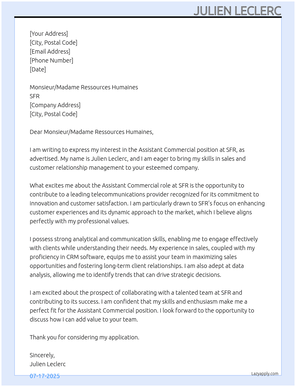 Assistant commercial At SFR Cover Letter