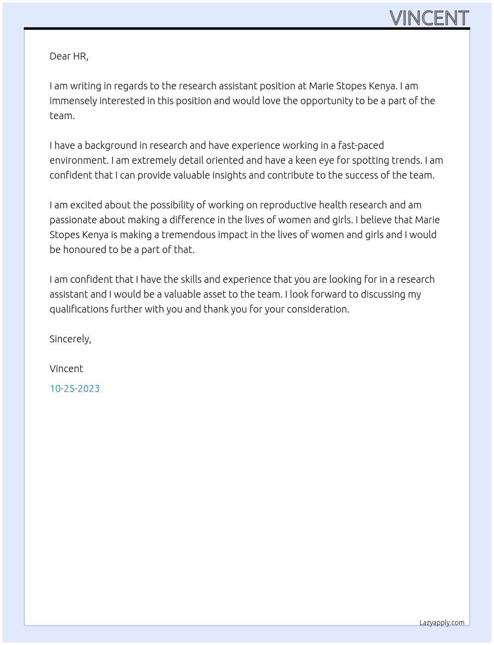 Research assistant At Marie Stopes Kenya Cover Letter