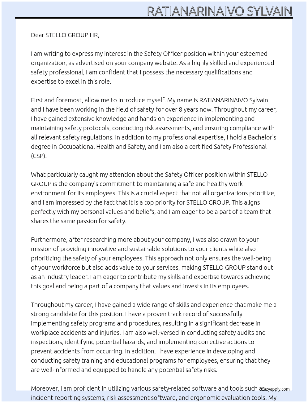 Safety Officers At STELLO GROUP Cover Letter