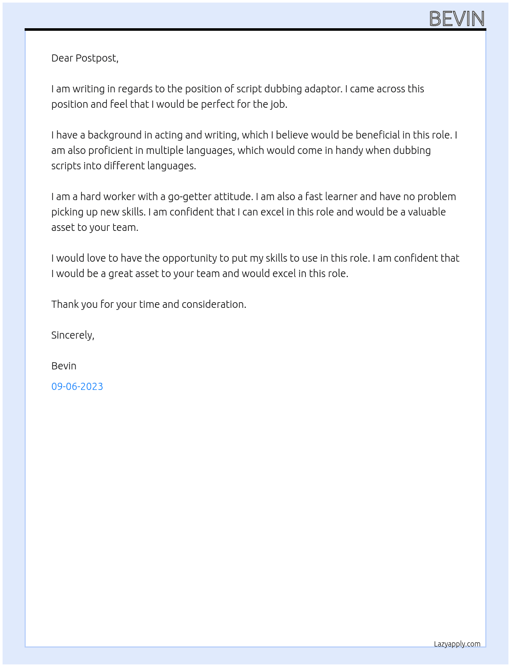 Script Dubbing Adaptor At Postpost Cover Letter