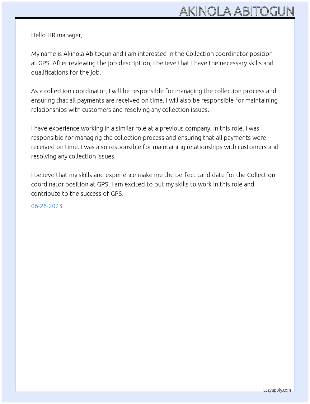 Collection coordinator  At GPS Cover Letter