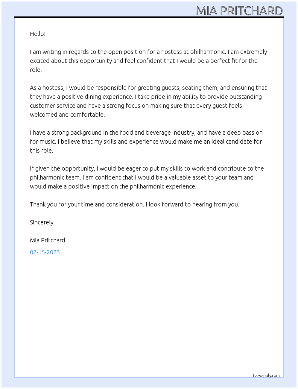 hostess At philharmonic Cover Letter
