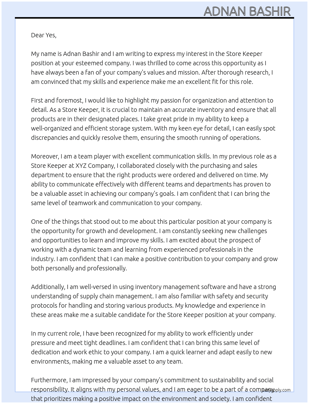 Store Keeper At yes Cover Letter