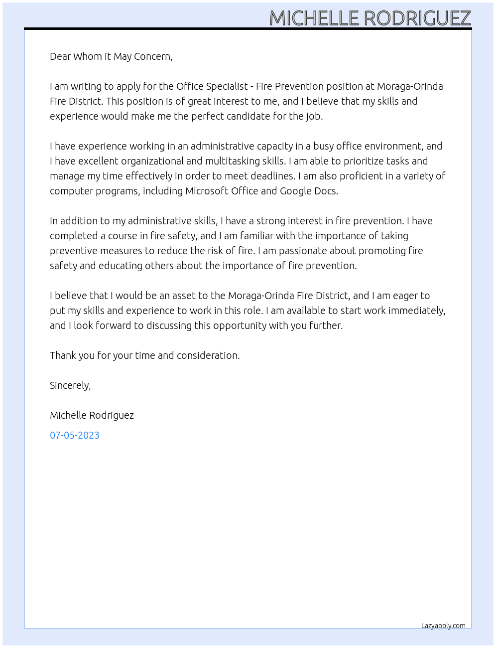 Office Specialist - Fire Prevention At Moraga-Orinda Fire District Cover Letter