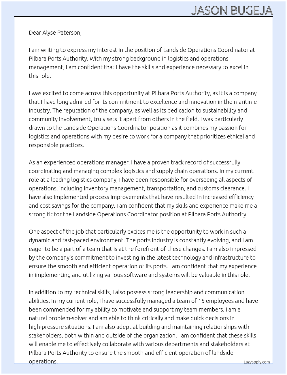 Landside Operations coordinator At Pilbara Ports Authority Cover Letter