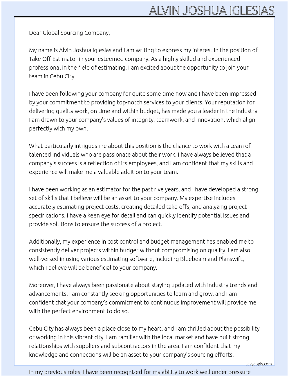 Take Off Estimator At Global Sourcing Company Cover Letter