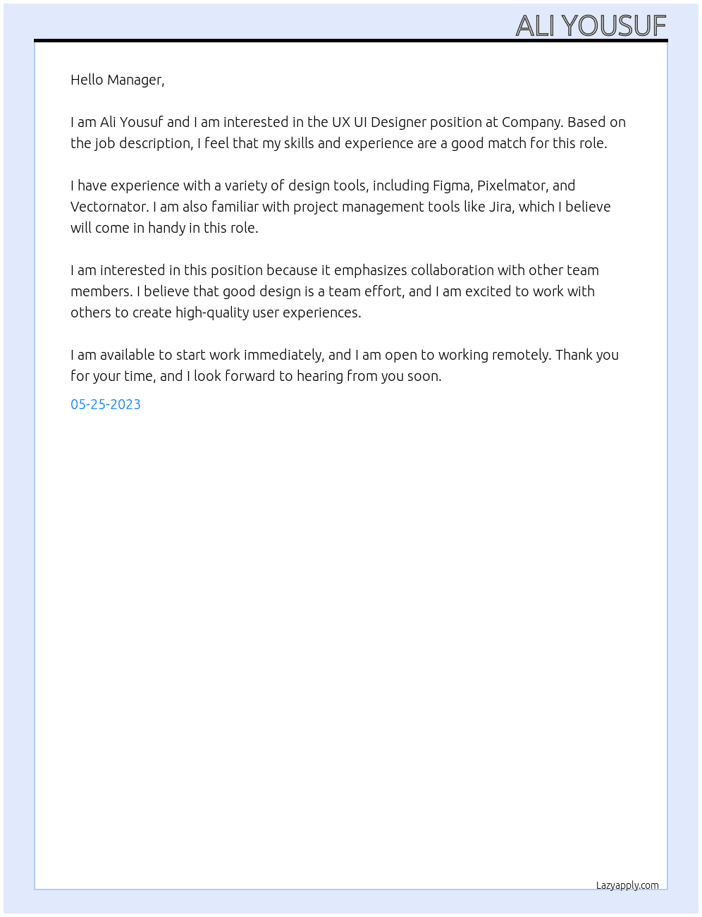 UX UI Designer At Company Cover Letter