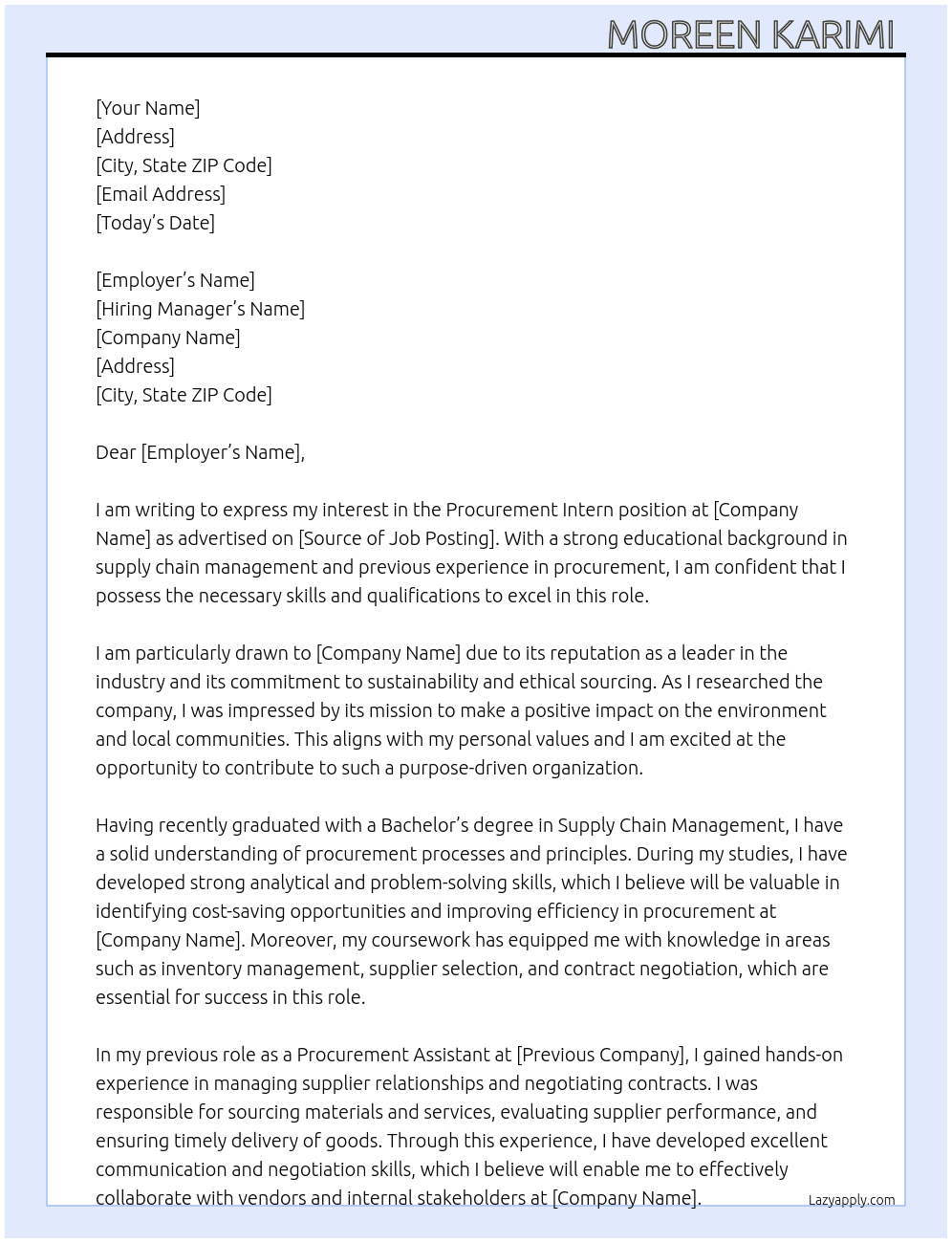 Procurement intern At Y Cover Letter