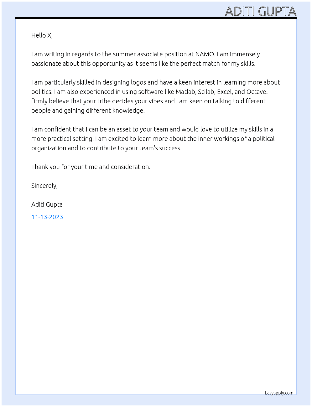 Summer associate  At NAMO Cover Letter