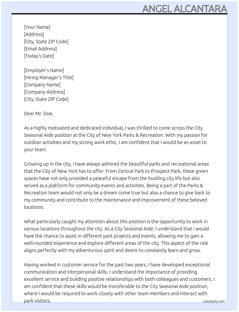  City Seasonal Aide At CITY OF NEW YORK PARKS & RECREATION Cover Letter