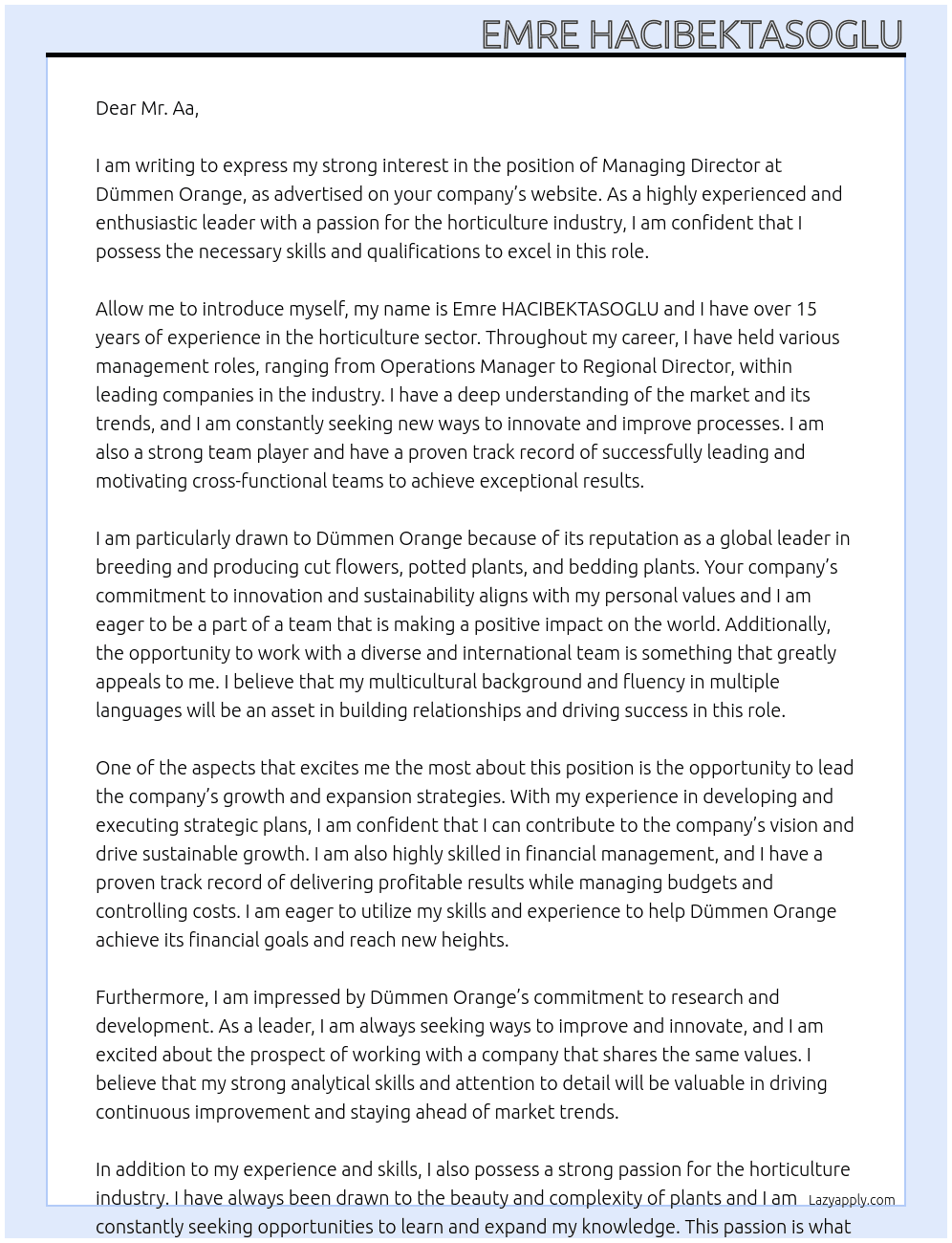 Managing Director  At Dümmen Orange Cover Letter