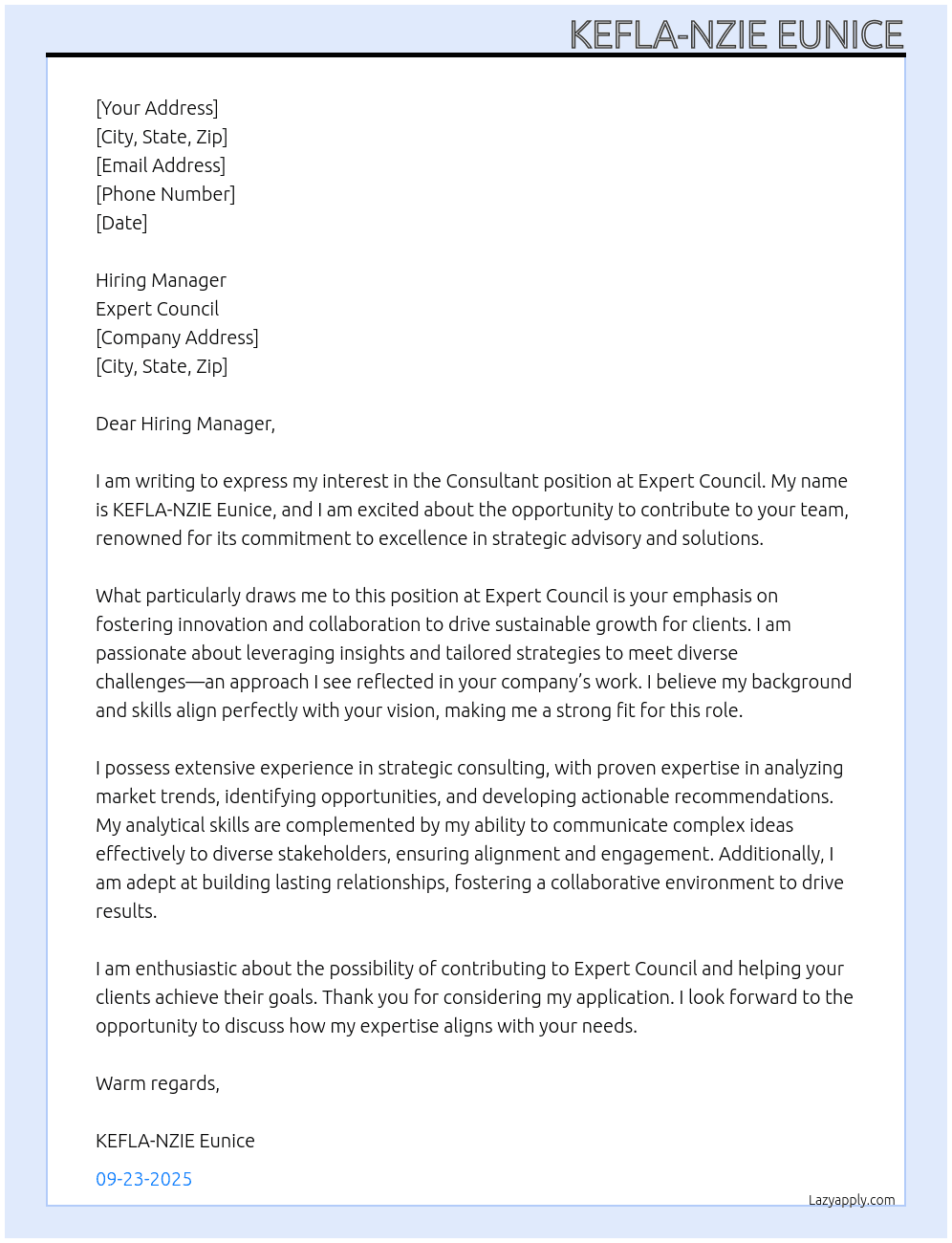 Consultant At Expert council Cover Letter