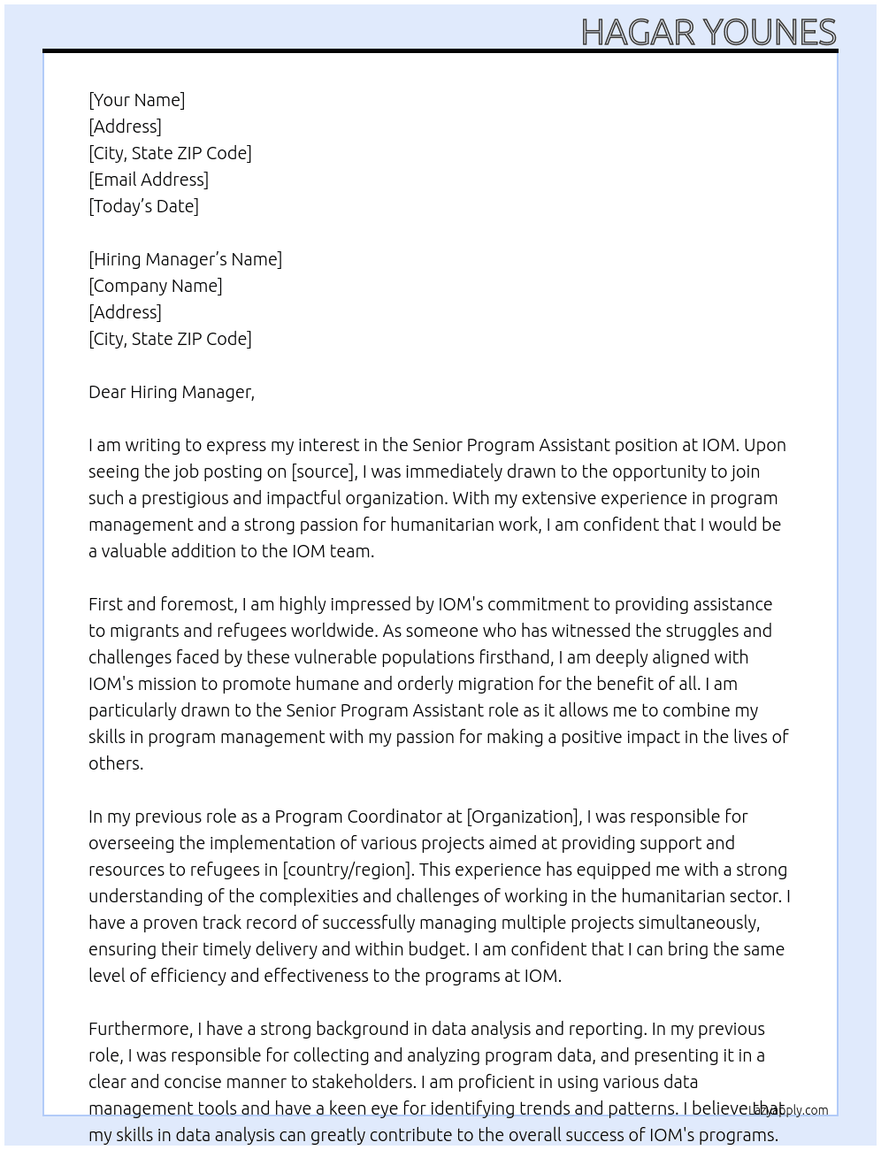 Senior Program Assistant At IOM Cover Letter